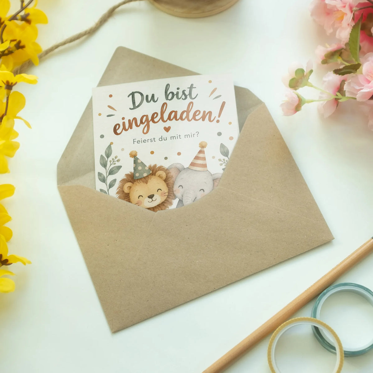 Süße Einladungskarten zum Kindergeburtstag mit Baby-Löwe und Elefant|p:2013005|h:70e2156202166d0e26f559d9fd157dc5