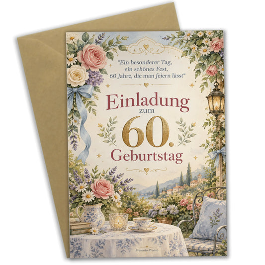 Festliche Einladungskarten zum 60. Geburtstag für Frauen mit Aquarellrosen|p:2013082|h:625a3429910f3f4e4293bc344c665c76