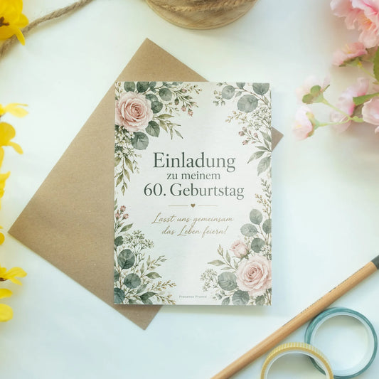 Elegante Einladungskarten zum 60. Geburtstag für Frauen mit Rosen|p:2013090|h:d80de3572e7c966361c6dc7b1df02612