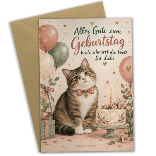 Elegante Geburtstagskarte für Katzenfans mit Torte und Ballons|p:2013111|h:2e87124a1b3dfd7147cdedd32c6c32cc