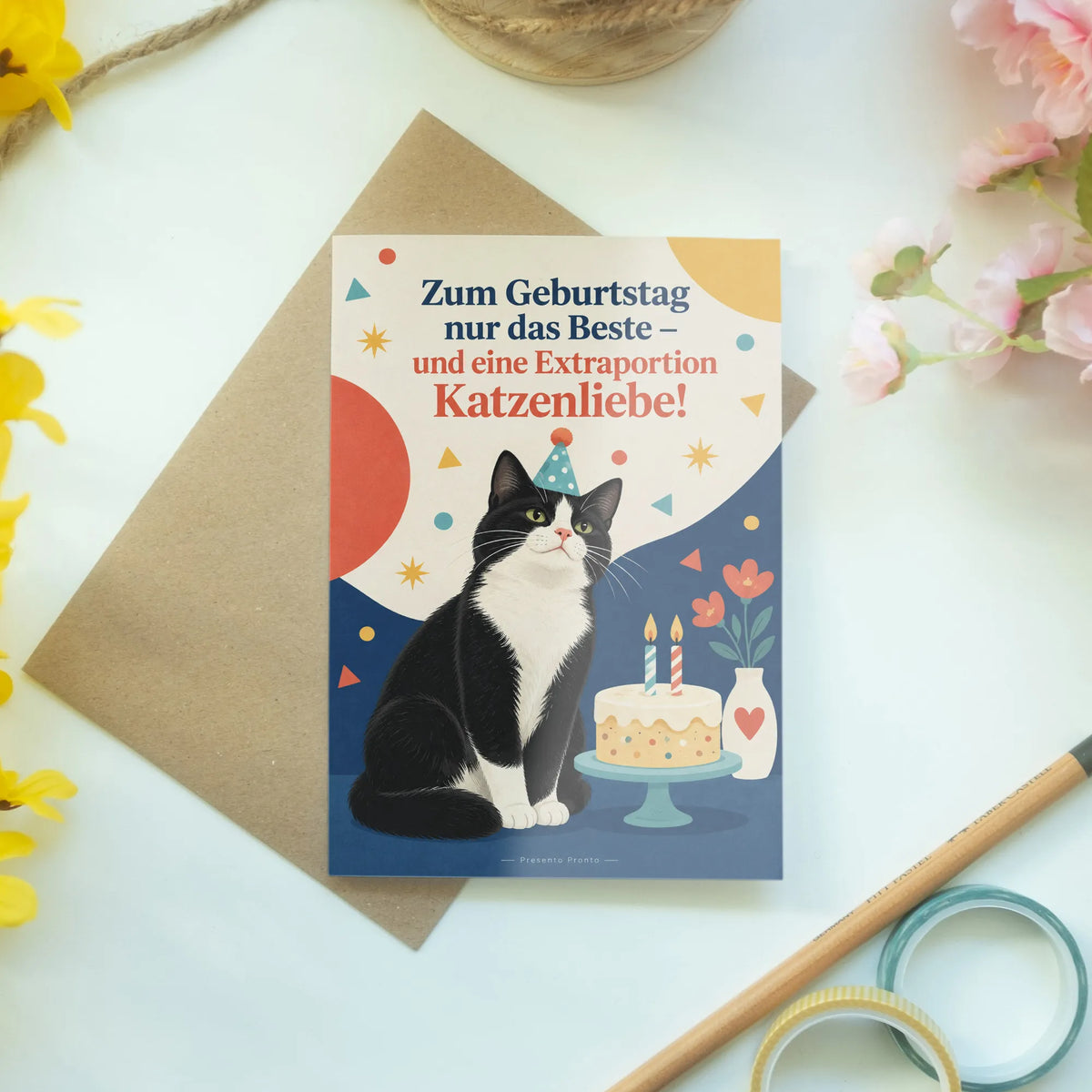 Süße Geburtstagskarte mit Katze und Partyhut|p:2013112|h:7899ba8d7371a8470fe6ef04267a9f44