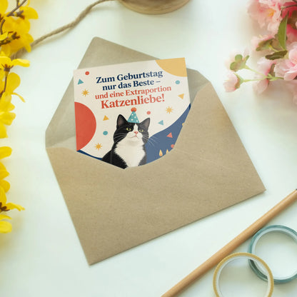 Süße Geburtstagskarte mit Katze und Partyhut|p:2013112|h:3fa8f8937b3da55f64155893e3c9a6a9