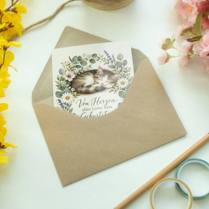 Liebevolle Geburtstagskarte mit Katze im Blütenkranz|p:2013116|h:7e7fa50f71b08edc101fe27bce997513