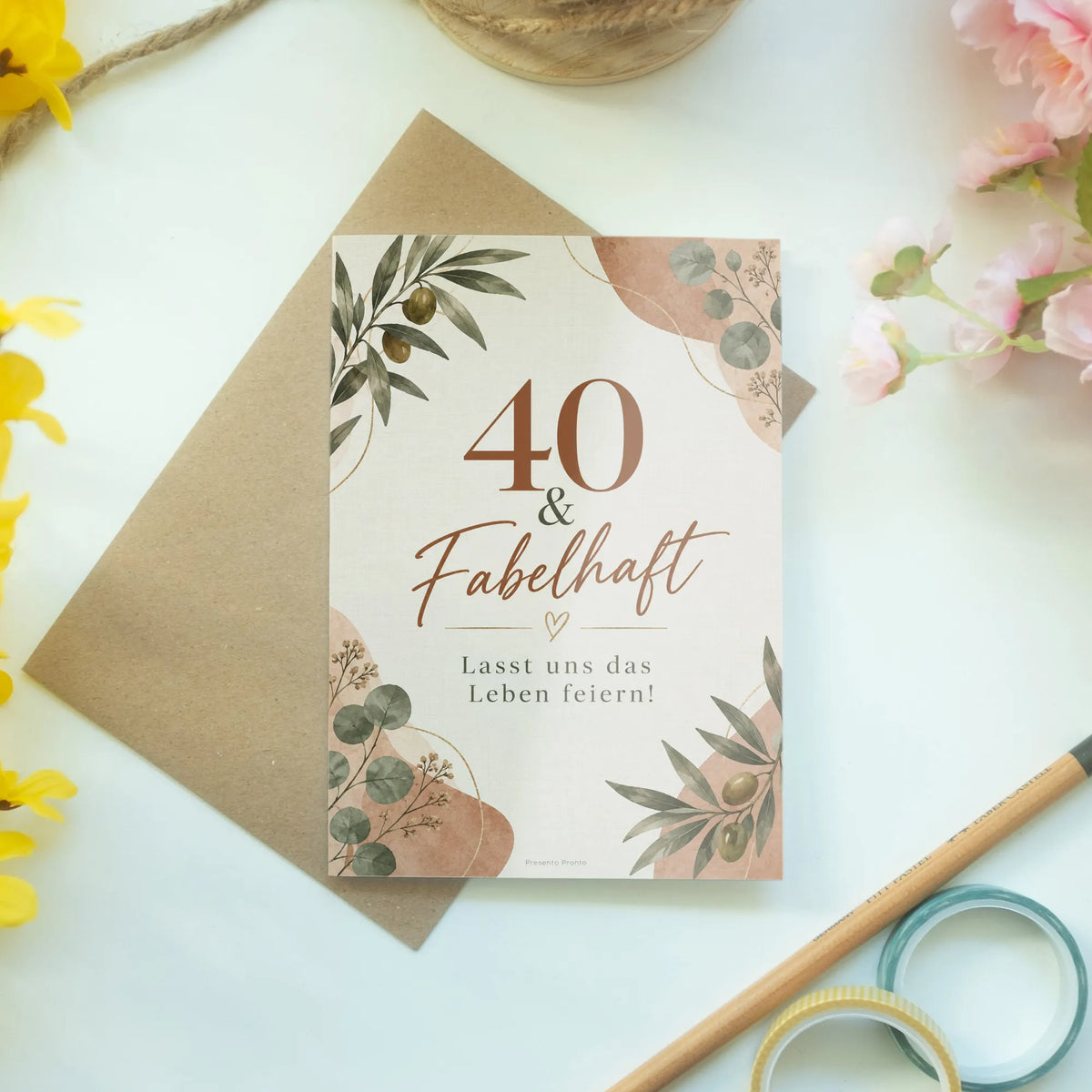 Elegante Einladungskarten zum 40. Geburtstag für Frauen mit Olivenzweigen|p:2013120|h:c5a03a12781733524011e640e0675057