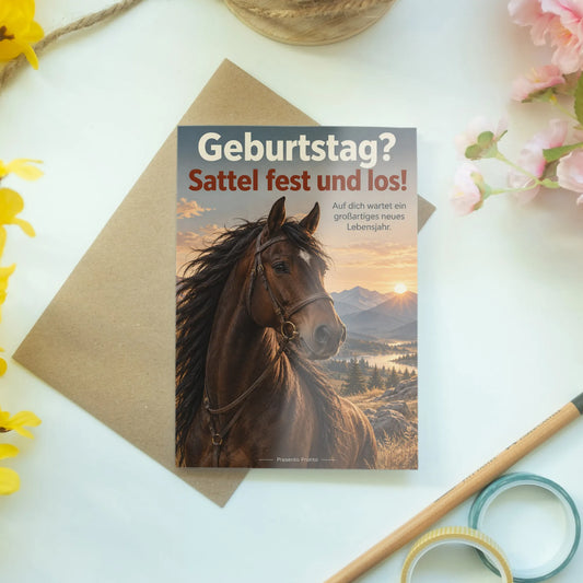 Lustige Geburtstagskarte mit Pferd in Abendlandschaft|p:2013134|h:ba9b49bb63431abe95283d4283a54080