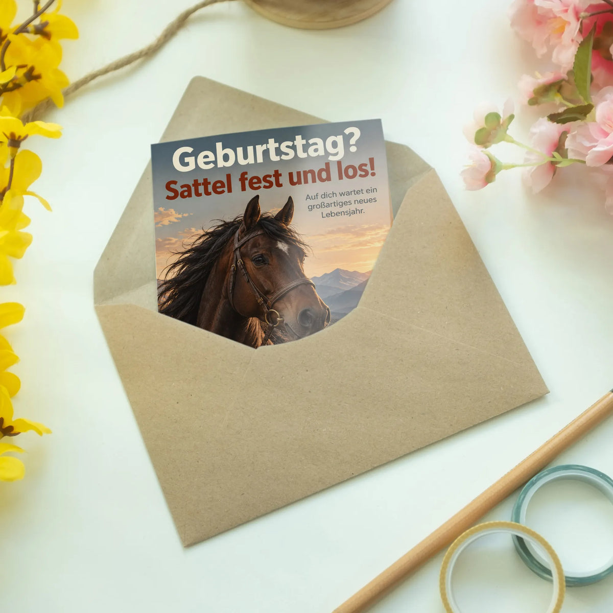 Lustige Geburtstagskarte mit Pferd in Abendlandschaft|p:2013134|h:cb4480ee6df2c74f40f9e172ae1142d3