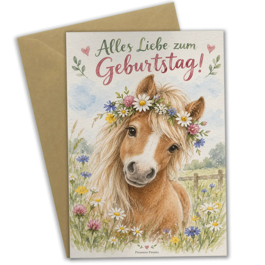 Süße Geburtstagskarte für Pferdefans mit Pony im Blumenkranz|p:2013135|h:0af3f453c89bffbf6baf0716bc6fb534