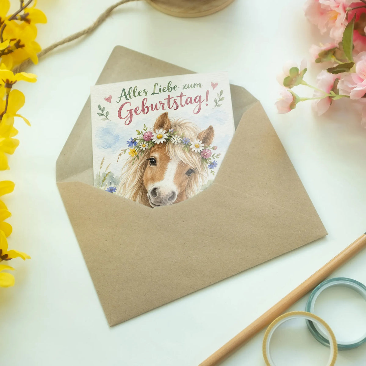 Süße Geburtstagskarte für Pferdefans mit Pony im Blumenkranz|p:2013135|h:1b77ca178acc9e68090a78d230319a96