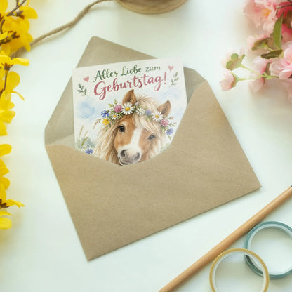 Süße Geburtstagskarte für Pferdefans mit Pony im Blumenkranz|p:2013135|h:1b77ca178acc9e68090a78d230319a96