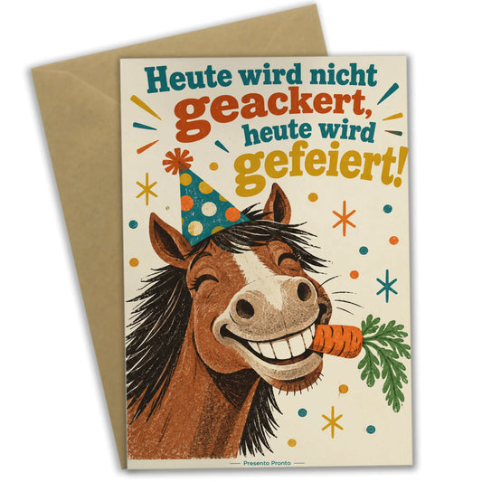 Lustige Geburtstagskarte mit Pferd im Partyhut|p:2013136|h:812928d66e091a8dba9065b975c4cc89