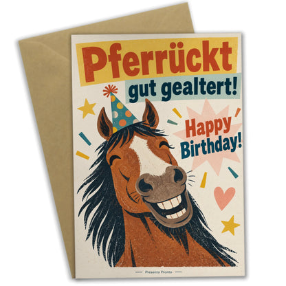 Lustige Geburtstagskarte mit Pferd im Partyhut|p:2013138|h:ed82577b1765eb4ecb8067a57a7cc7bb