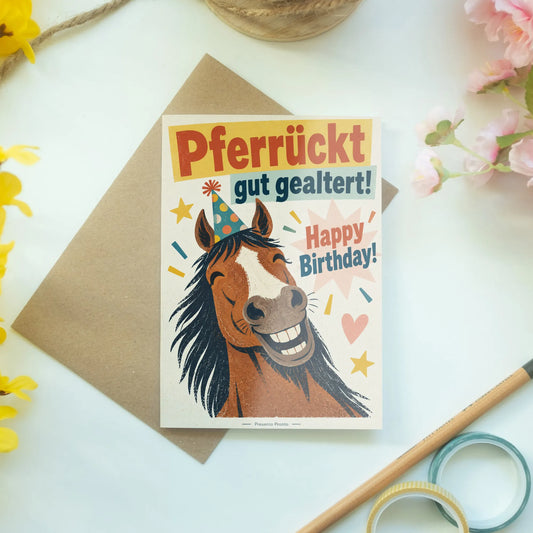 Lustige Geburtstagskarte mit Pferd im Partyhut|p:2013138|h:58190224d3855db17e33e98a34521057