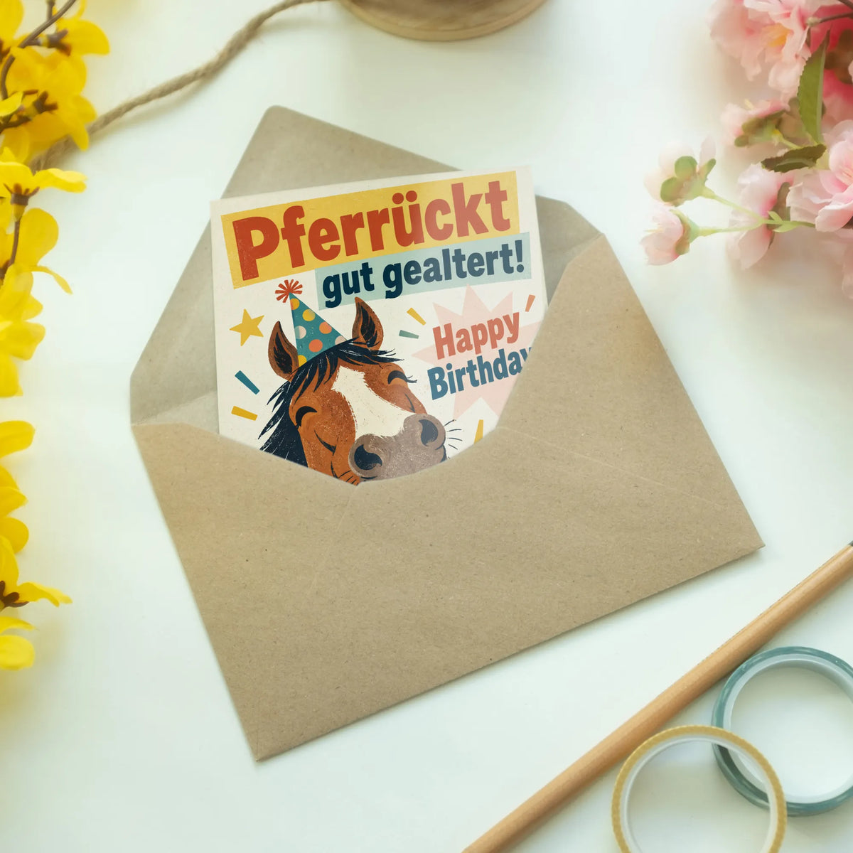 Lustige Geburtstagskarte mit Pferd im Partyhut|p:2013138|h:91146de24b975ed61ff20c149f3d75f7
