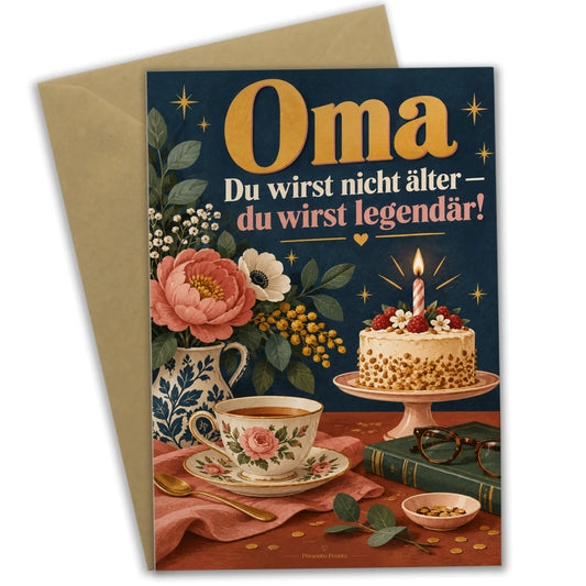 Lustige Geburtstagskarte für Oma mit Teetasse und Kuchen|p:2013141|h:718eacf1d98c21120588d7ddd2ed800f