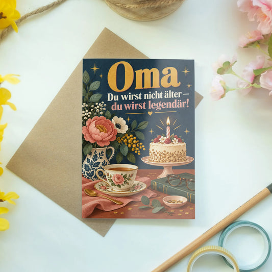 Lustige Geburtstagskarte für Oma mit Teetasse und Kuchen|p:2013141|h:9b79ff860a417fdedcf4a476c4e6b8a8