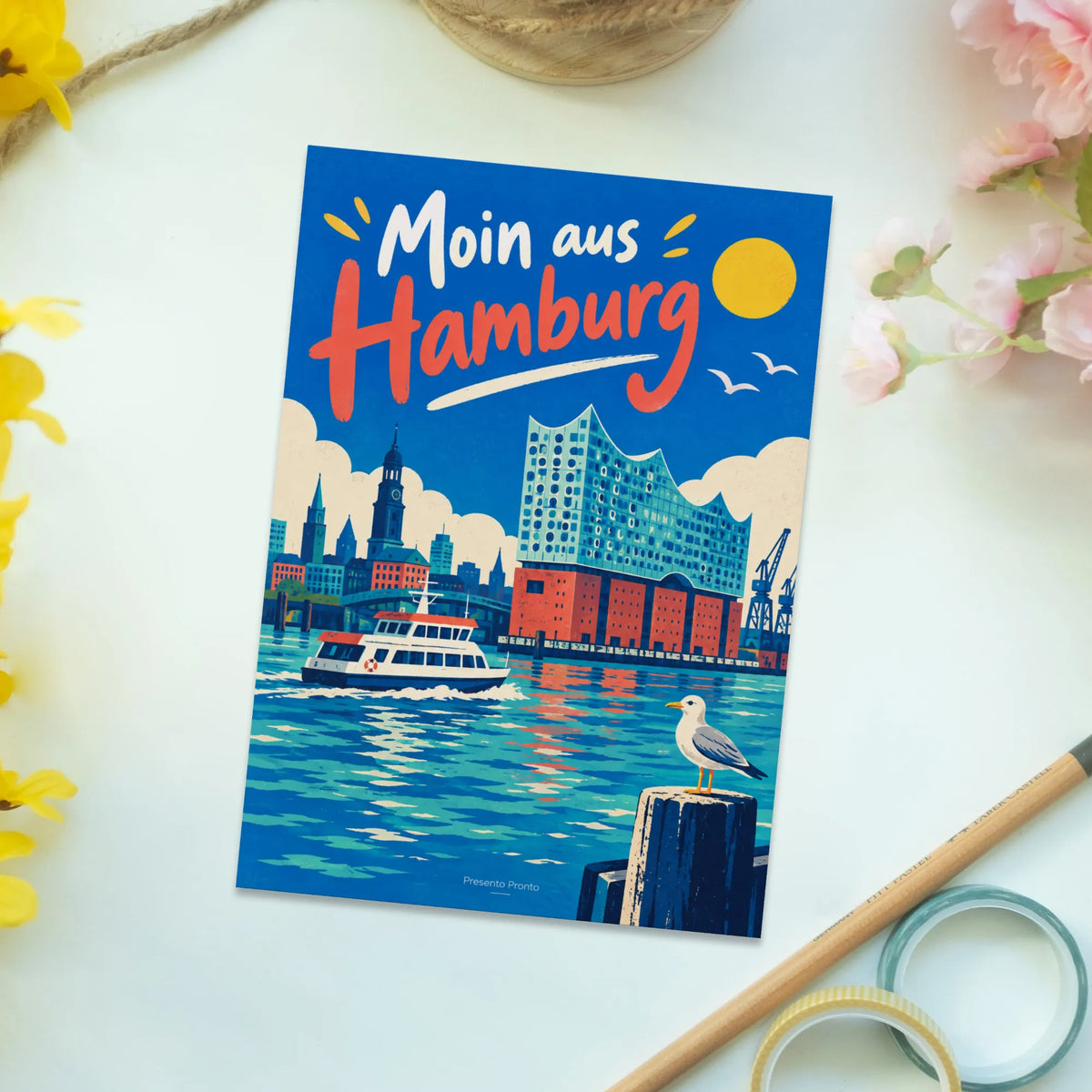 Herzliche Postkarte aus Hamburg mit Elbphilharmonie und Fähre|p:2013151|h:b828fd81e2eecb7d95e46a0574cc15e2