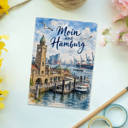 Herzliche Postkarte aus Hamburg mit Landungsbrücken Aquarell|p:2013155|h:1927cb70e0002d91649344f582757149