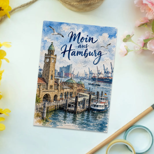 Herzliche Postkarte aus Hamburg mit Landungsbrücken Aquarell|p:2013155|h:1927cb70e0002d91649344f582757149