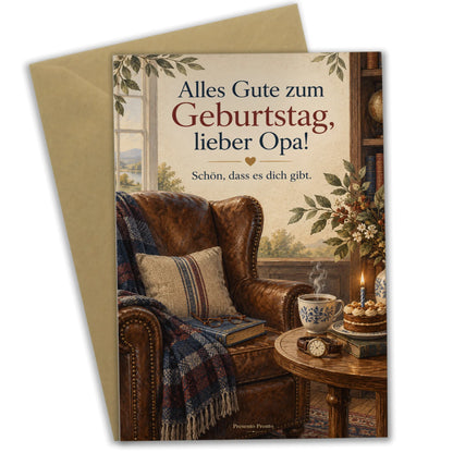 Herzliche Geburtstagskarte für Opa mit gemütlichem Sessel|p:2013162|h:8243239a81caa92ca6e5557a5c469955