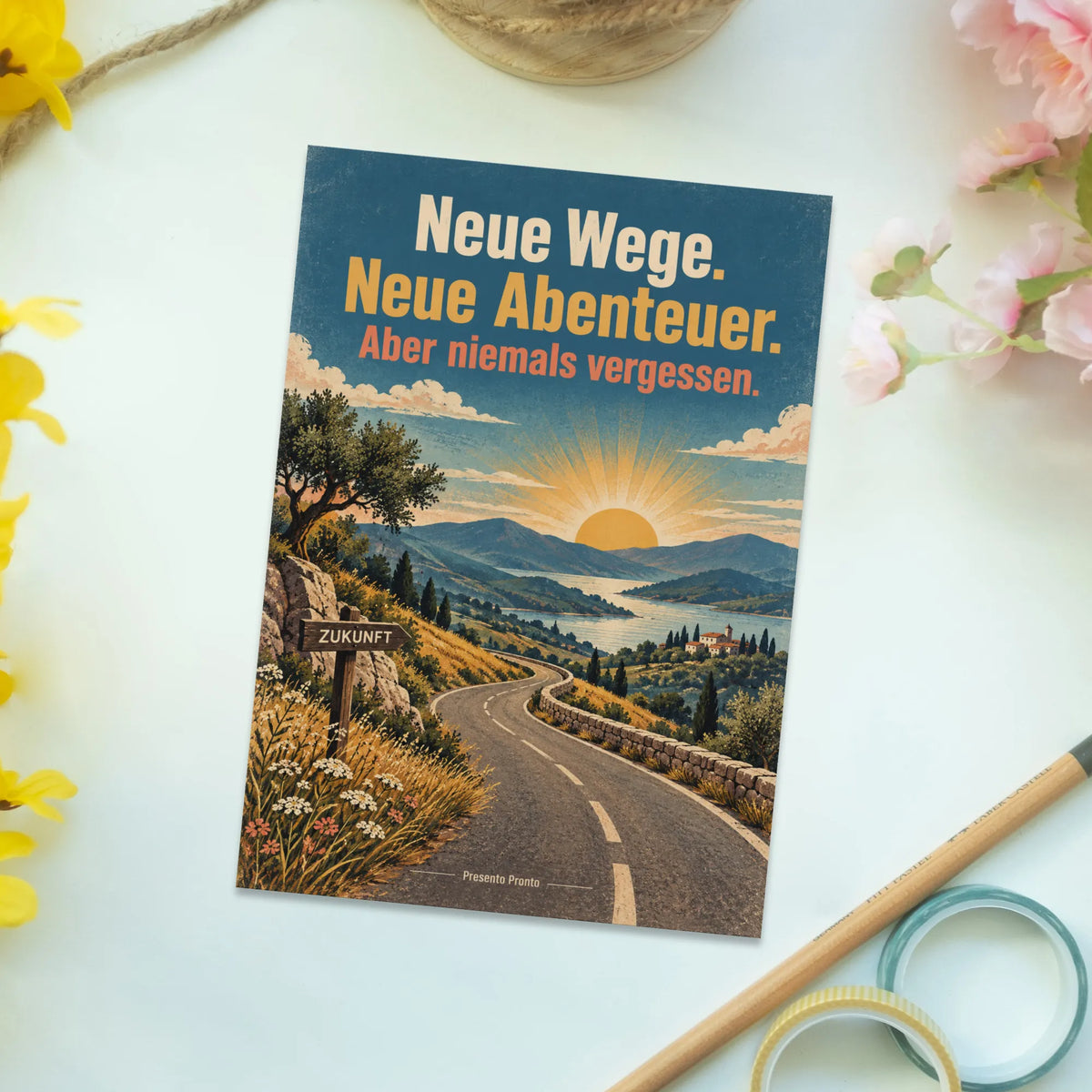 Herzliche Postkarte zum Abschied mit Straße in Sonnenaufgang|p:2013175|h:bd70e8b5dd15b944b0f4276675f86869