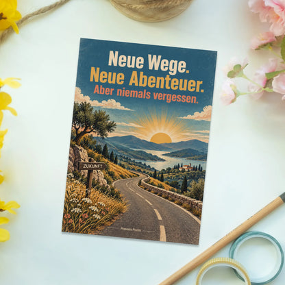 Herzliche Postkarte zum Abschied mit Straße in Sonnenaufgang|p:2013175|h:bd70e8b5dd15b944b0f4276675f86869