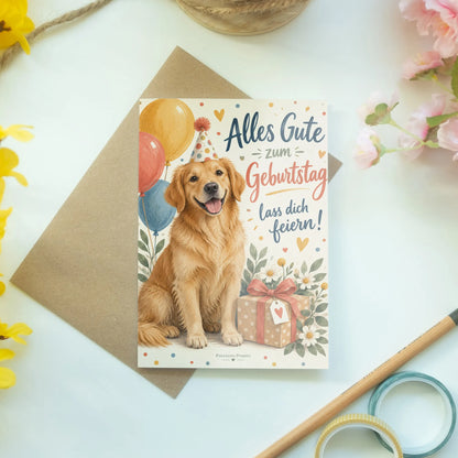 Fröhliche Geburtstagskarte für Hundefans mit Golden Retriever|p:2013190|h:607c9613bc97c3919282299e17b13314