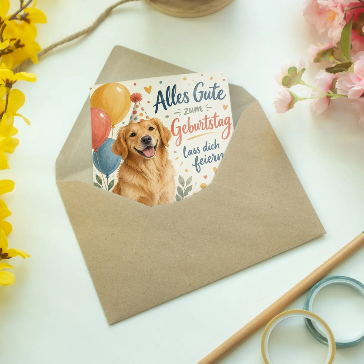 Fröhliche Geburtstagskarte für Hundefans mit Golden Retriever|p:2013190|h:918b43e1bac24817a3f808e6ee189776