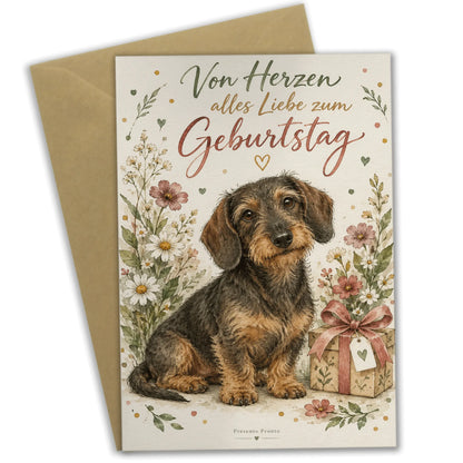 Herzliche Geburtstagskarte mit Dackel und Wildblumen|p:2013197|h:c2bccf8248f551286c020924f110586a