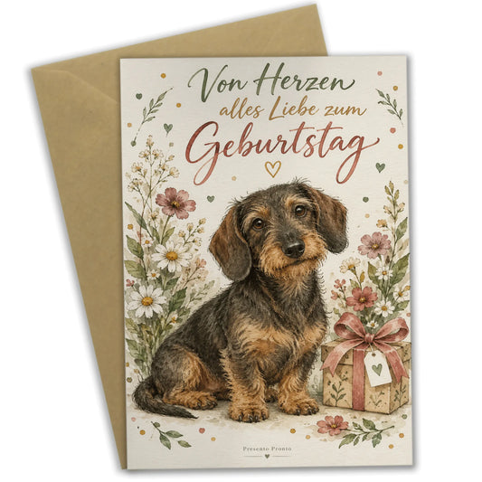 Herzliche Geburtstagskarte mit Dackel und Wildblumen|p:2013197|h:c2bccf8248f551286c020924f110586a