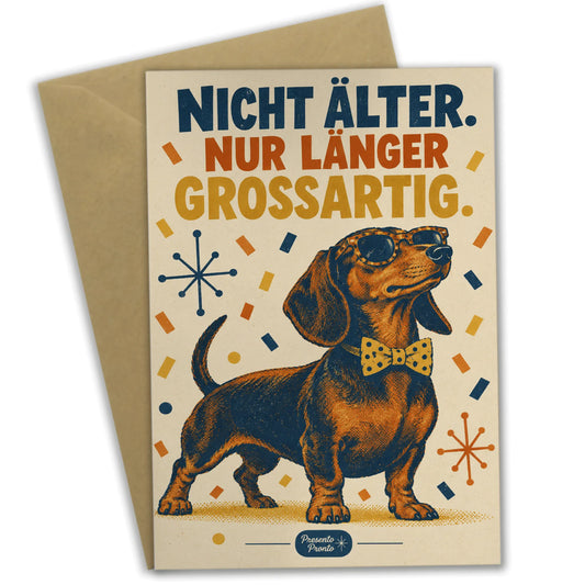 Lustige Geburtstagskarte mit Dackel in Sonnenbrille und Fliege|p:2013198|h:f11825c0df999b701d3da68726cec339