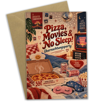 Lustige Einladungskarte zur Übernachtungsparty mit Pizzakarton|p:2013204|h:503f73aa43603092c232d232e6dbb246