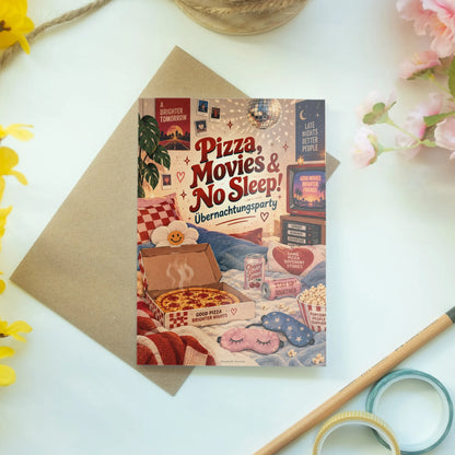 Lustige Einladungskarte zur Übernachtungsparty mit Pizzakarton|p:2013204|h:905af8dd352a9ae85b42ebdc91ad0424