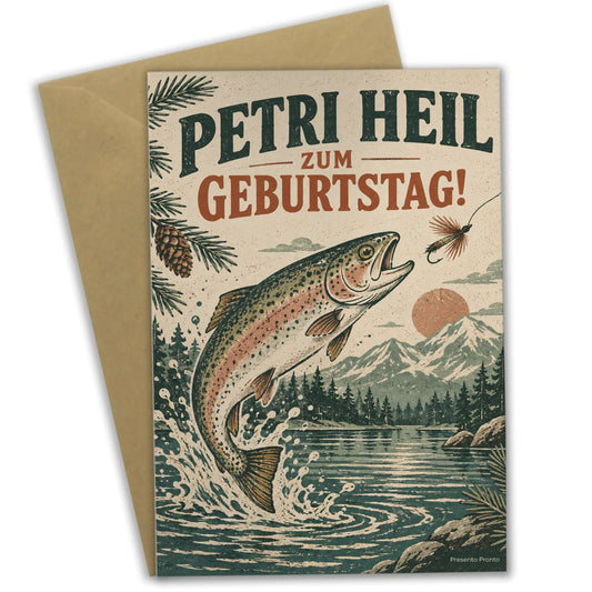 Lustige Geburtstagskarte für Angler mit springender Forelle|p:2013208|h:33592ad38464cb1e8abe701ef12ce64a