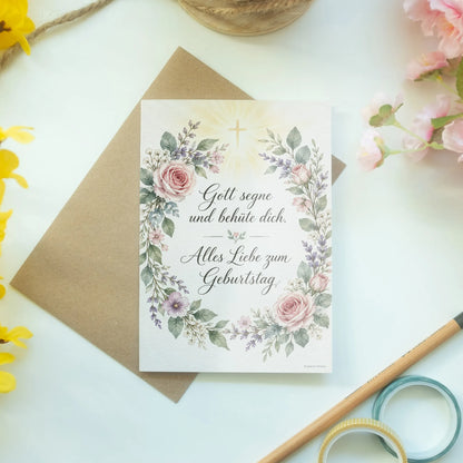 Segensreiche Christliche Geburtstagskarte mit Blumenkranz|p:2013213|h:2e24a65159d8ebc85ef10ca848a84416