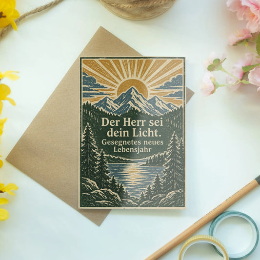Christliche Geburtstagskarte mit Berglandschaft bei Sonnenaufgang|p:2013214|h:5575404dcd63f9223e54d405080a9c41