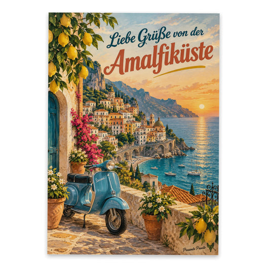 Sonnige Postkarte aus Italien mit Vespa an der Amalfiküste|p:2013215|h:50f242c20fbe269bf2f009a0ae144f43
