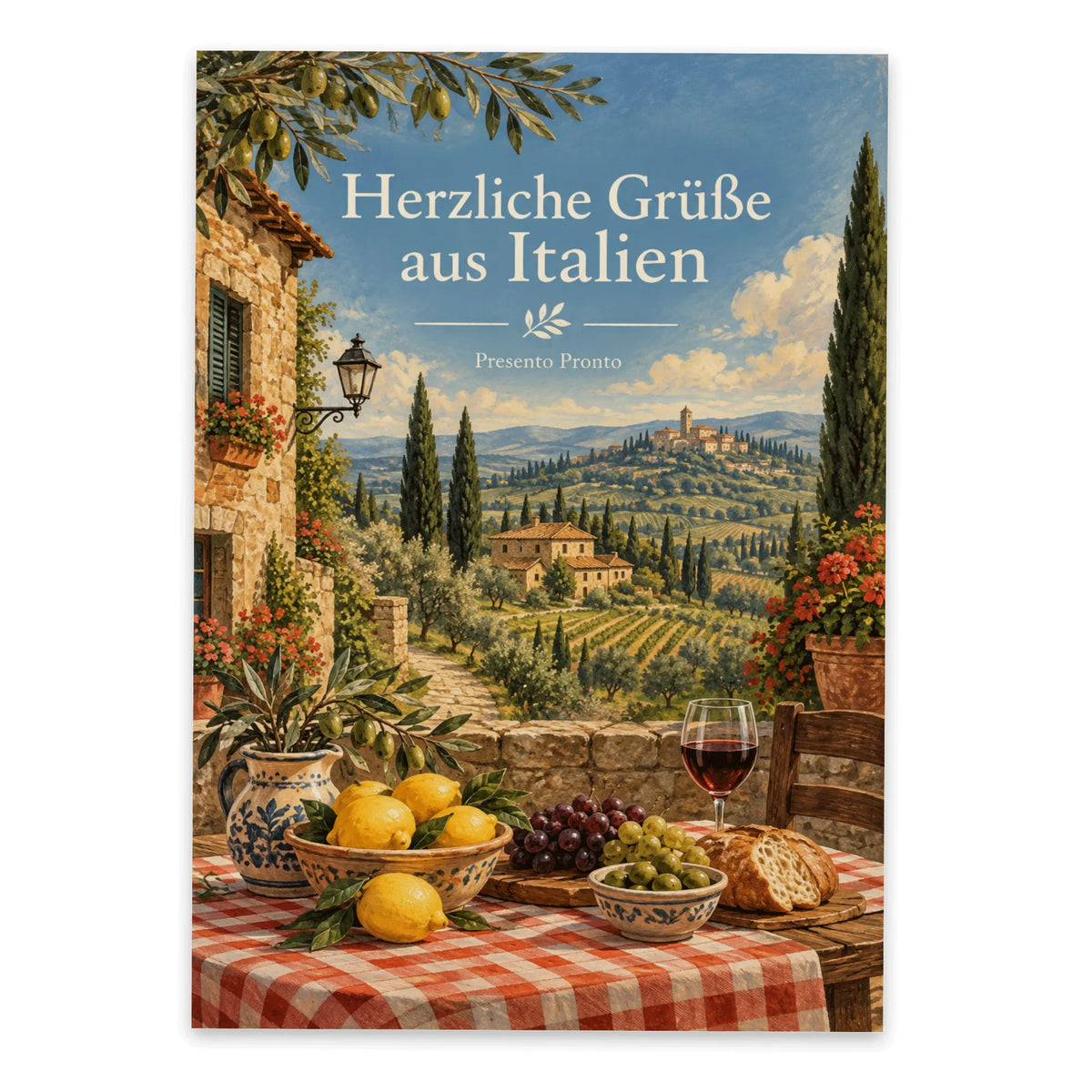 Herzliche Postkarte aus Italien für Urlaubsgrüße mit Zypressen|p:2013216|h:4987e0caa57faaa618183acb99b71f43