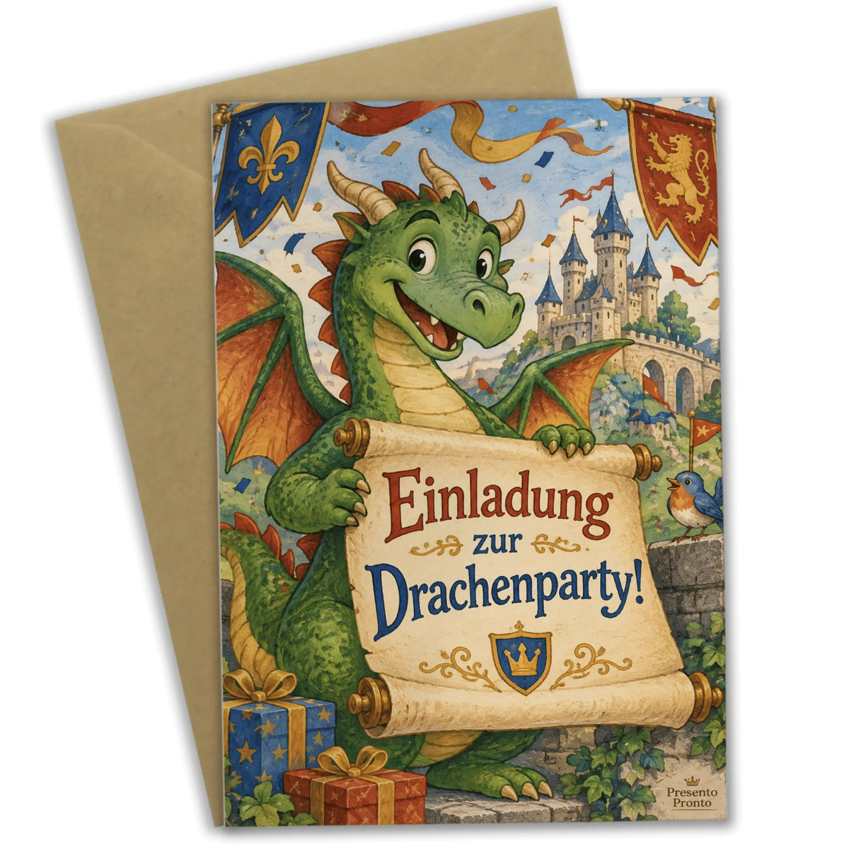 Lustige Einladungskarte zur Drachenparty mit grünem Drachen|p:2013225|h:c30a7f59ec42c8d336f16e039a7d4660