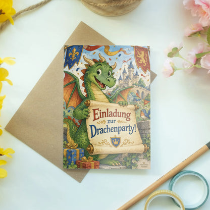 Lustige Einladungskarte zur Drachenparty mit grünem Drachen|p:2013225|h:b27f1a581d23692d15e24fd2758c1813