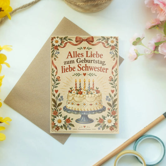 Herzliche Geburtstagskarte für die Schwester mit Kuchen|p:2013229|h:c37a11c0f709b176994642bc25c9a2c1