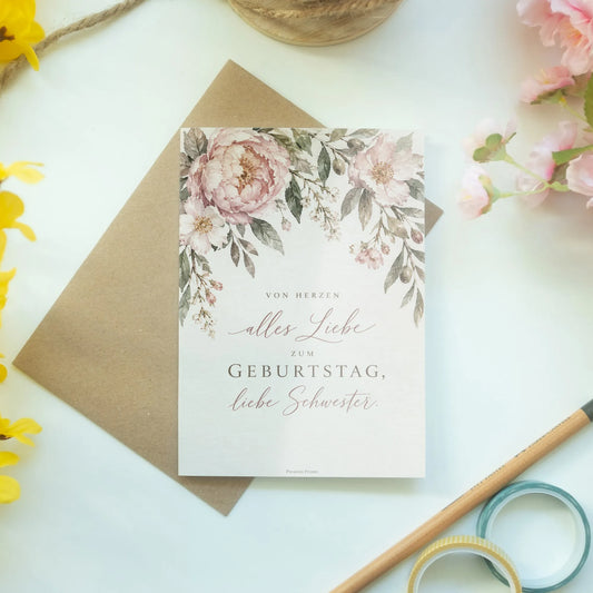 Elegante Geburtstagskarte für die Schwester mit Pfingstrosen|p:2013232|h:3fe7a53e320fc9675d163560bbe6a701