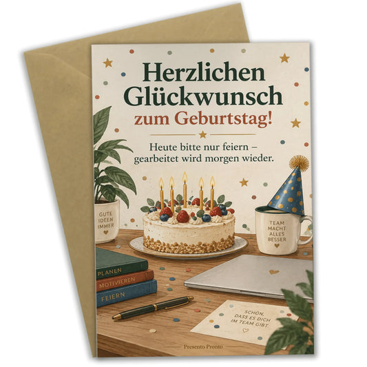 Lustige Geburtstagskarte für Kollegen mit Kuchen auf dem Schreibtisch|p:2013241|h:00d2c25c389592e3b107863b81d4907a