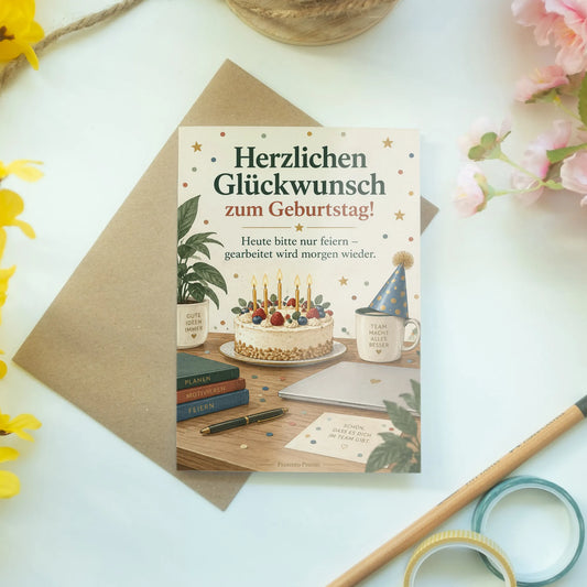 Lustige Geburtstagskarte für Kollegen mit Kuchen auf dem Schreibtisch|p:2013241|h:29e1841dd89944a1383162987500fd70