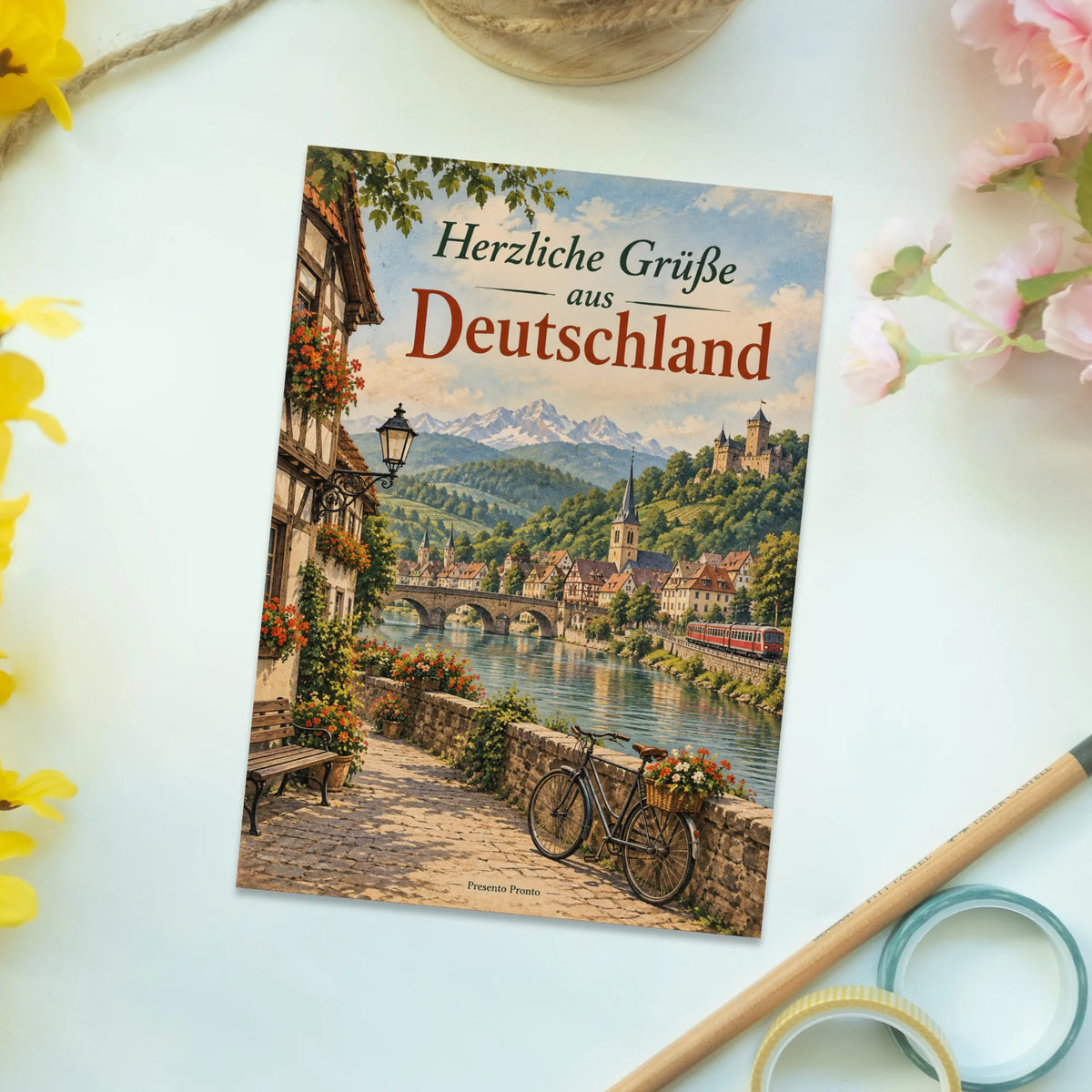 Herzliche Postkarte aus Deutschland für Urlaubsgrüße mit Fachwerkstadt|p:2013275|h:fe993b130d6c6c28a9511d57d8860859