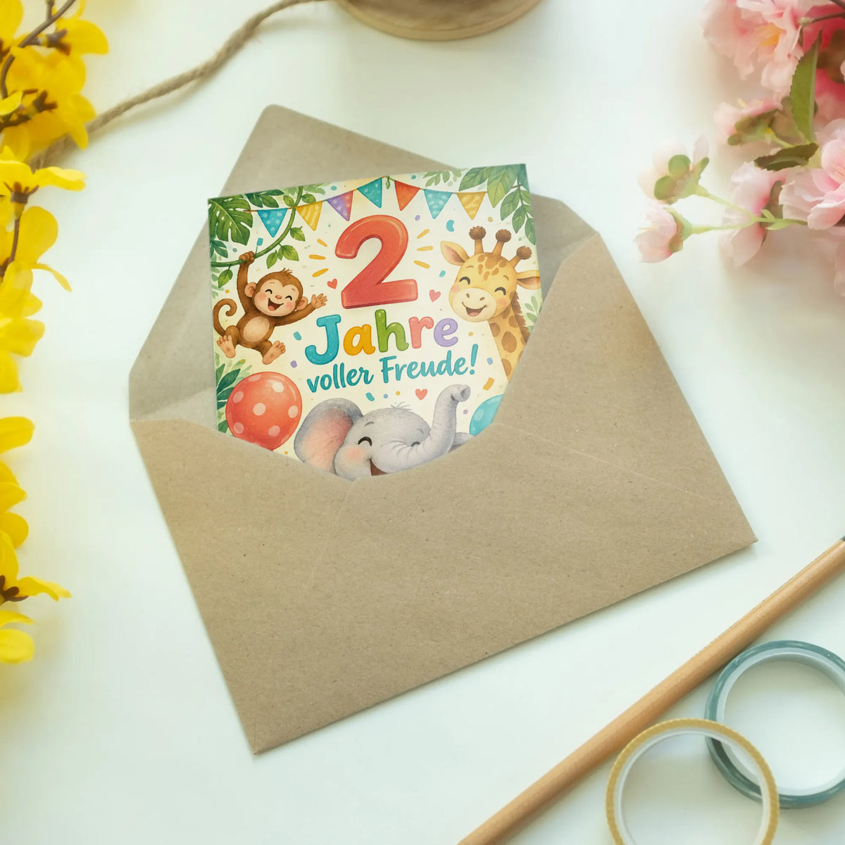 Fröhliche Geburtstagskarte zum 2. Geburtstag mit Dschungeltieren|p:2013281|h:35723d50043b621ac18d4e5ac026c42c