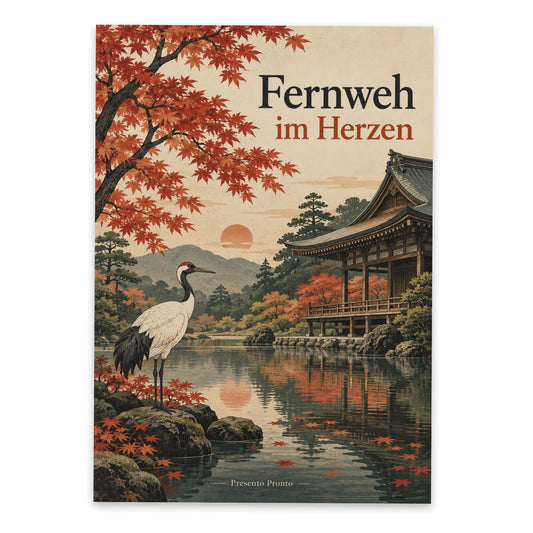 Stimmungsvolle Japan-Postkarte mit Tempeldach und Kranich|p:2013286|h:a87f9b1515625b3662f0c69ae3a8ff72