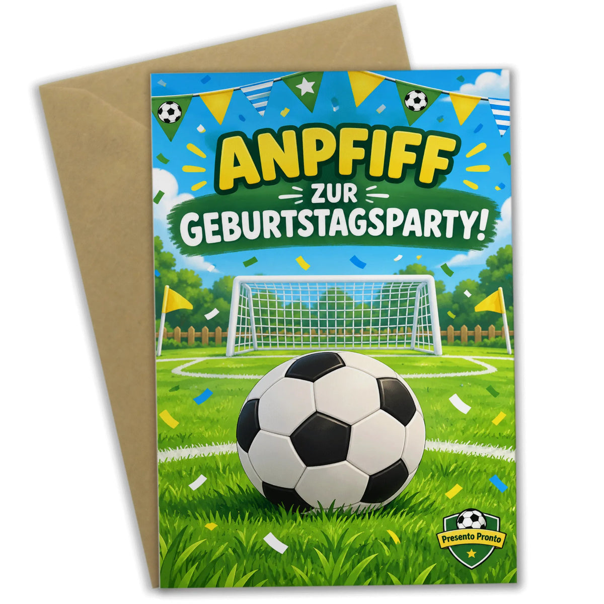 Lustige Einladungskarten zum Kindergeburtstag Fußball mit Tor und Konfetti|p:2013297|h:38e408cd74fd66e0e7f304f95eb22d9d