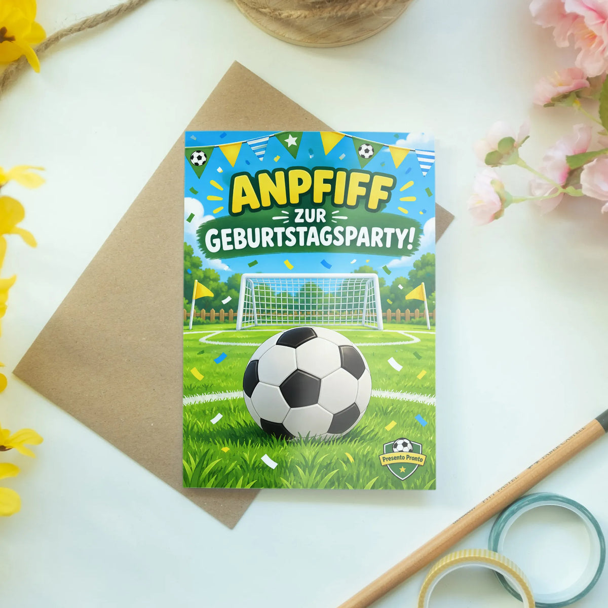 Lustige Einladungskarten zum Kindergeburtstag Fußball mit Tor und Konfetti|p:2013297|h:9f8f135c94f313ff83bbade33d2798a8