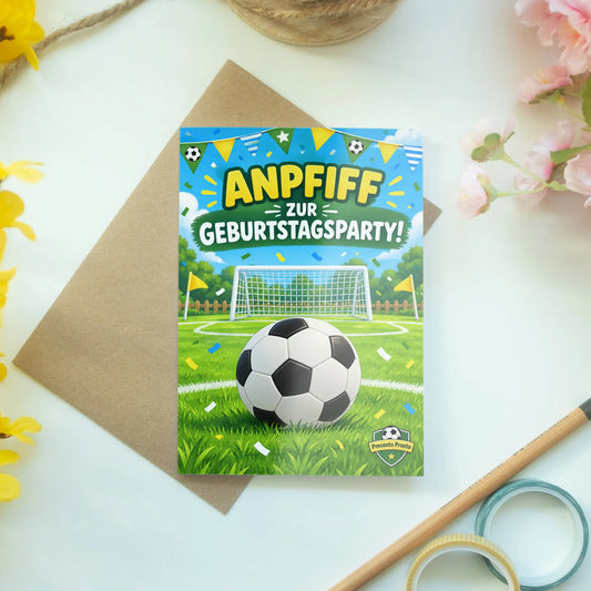 Lustige Einladungskarten zum Kindergeburtstag Fußball mit Tor und Konfetti|p:2013297|h:9f8f135c94f313ff83bbade33d2798a8