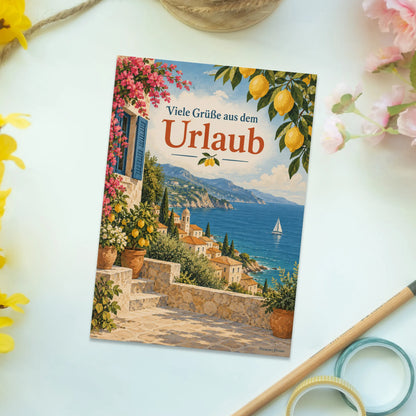 Herzliche Postkarte aus dem Urlaub mit mediterraner Küste|p:2013306|h:0d1df239e9f0ca1f7dd3f33b61055b7c